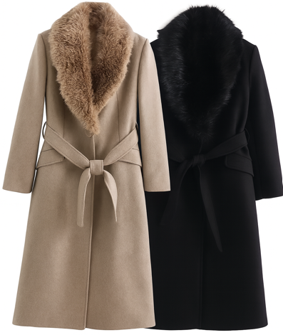 Abrigo con cuello de piel cálido y cinturón para mujer